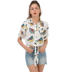 Seamless-pattern-with-hand-drawn-bird-black Tie Front Shirt 