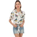 Seamless-pattern-with-hand-drawn-bird-black Tie Front Shirt  View1