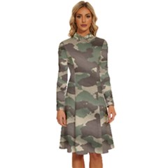 Camouflage Design Long Sleeve Shirt Collar A-line Dress by Excel
