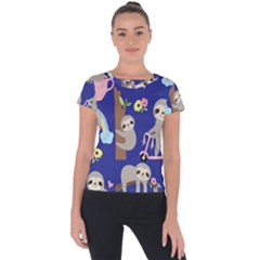 Hand-drawn-cute-sloth-pattern-background Short Sleeve Sports Top 