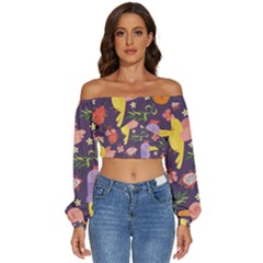 Exotic-seamless-pattern-with-parrots-fruits Long Sleeve Crinkled Weave Crop Top