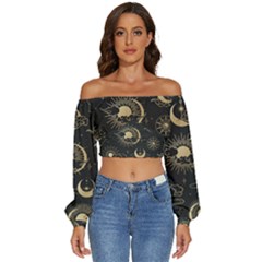 Asian-seamless-pattern-with-clouds-moon-sun-stars-vector-collection-oriental-chinese-japanese-korean Long Sleeve Crinkled Weave Crop Top