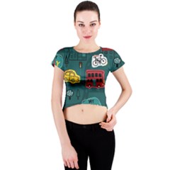 Seamless-pattern-hand-drawn-with-vehicles-buildings-road Crew Neck Crop Top