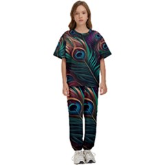 Peacock Feathers Nature Feather Pattern Kids  Tee And Pants Sports Set