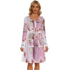 Women With Flowers Long Sleeve Dress With Pocket