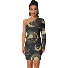 Asian Seamless Pattern With Clouds Moon Sun Stars Vector Collection Oriental Chinese Japanese Korean Long Sleeve One Shoulder Mini Dress by Bangk1t