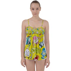 Robot Pattern Babydoll Tankini Top