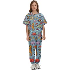 Cartoon Underwater Seamless Pattern With Crab Fish Seahorse Coral Marine Elements Kids  Tee And Pants Sports Set
