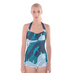 Ocean Turtle Shark Sea Life Sea Boyleg Halter Swimsuit 