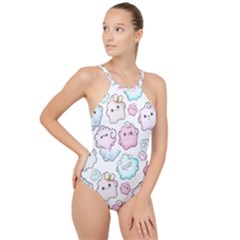 Cute-doodle-cartoon-seamless-pattern High Neck One Piece Swimsuit