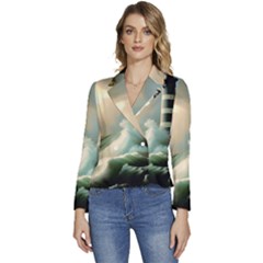 Sea Ocean Waves Lighthouse Nature Women s Long Sleeve Revers Collar Cropped Jacket