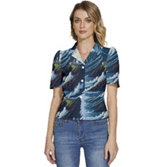 Lighthouse Sea Waves Puffed Short Sleeve Button Up Jacket
