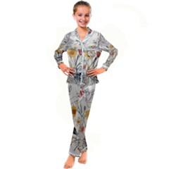 Woman Flower Pattern Kids  Satin Long Sleeve Pajamas Set