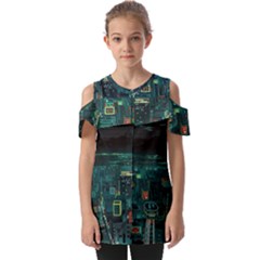 Night Black City Neon Sky Stars Moon Abstract Fold Over Open Sleeve Top