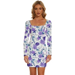 Violet-01 Long Sleeve Square Neck Bodycon Velvet Dress