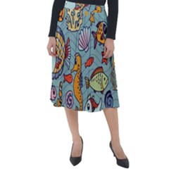 Cartoon Underwater Seamless Pattern With Crab Fish Seahorse Coral Marine Elements Classic Velour Midi Skirt 
