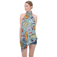 Cartoon Underwater Seamless Pattern With Crab Fish Seahorse Coral Marine Elements Halter Asymmetric Satin Top