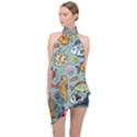 Cartoon Underwater Seamless Pattern With Crab Fish Seahorse Coral Marine Elements Halter Asymmetric Satin Top View1