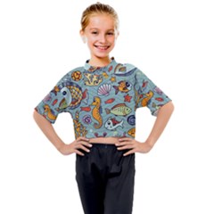 Cartoon Underwater Seamless Pattern With Crab Fish Seahorse Coral Marine Elements Kids Mock Neck T-shirt