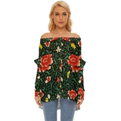 Background Vintage Japanese Design Off Shoulder Chiffon Pocket Shirt