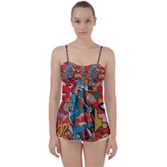 Comic Cartoon Pattern Babydoll Tankini Top