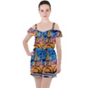Eiffel Tower Starry Night Print Van Gogh Ruffle Cut Out Chiffon Playsuit View1