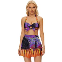 Halloween Art Starry Night Hallows Eve Black Cat Pumpkin Vintage Style Bikini Top And Skirt Set 
