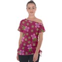 Flower Background Pattern Pink Off Shoulder Tie-Up T-Shirt View1