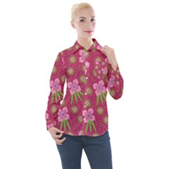 Flower Background Pattern Pink Women s Long Sleeve Pocket Shirt