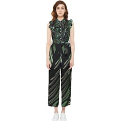 Calathea Leaves Strippe Line Women s Frill Top Chiffon Jumpsuit
