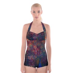 Peacock Feather Bird Boyleg Halter Swimsuit 
