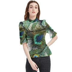 Peacock Feathers Frill Neck Blouse