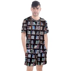 Book Collection In Brown Wooden Bookcases Books Bookshelf Library Men s Mesh T-shirt And Shorts Set