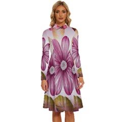 Print-roses Long Sleeve Shirt Collar A-line Dress