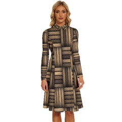 Brown Weaving Texture, Macro, Brown Wickerwork Long Sleeve Shirt Collar A-line Dress