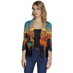 New York City Skyline Usa Women s One-button 3/4 Sleeve Short Jacket