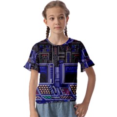 Blue Computer Monitor With Chair Game Digital Art Kids  Cuff Sleeve Scrunch Bottom T-shirt