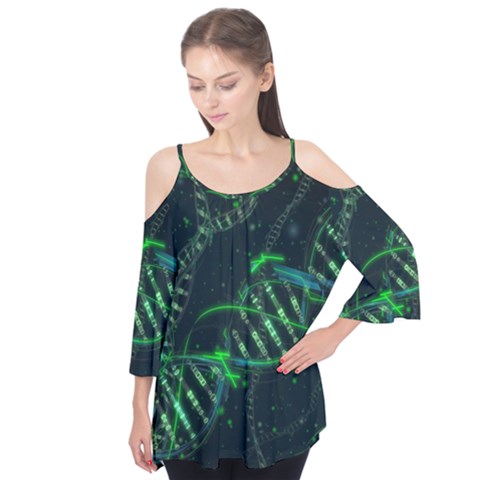 Green And Black Abstract Digital Art Flutter Sleeve T-shirt  by Bedest