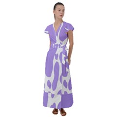 Cow Print, Aesthetic,violelilac, Animal, Purple, Simple Flutter Sleeve Maxi Dress