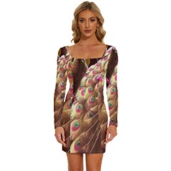 Peacock Dream, Fantasy, Flower, Girly, Peacocks, Pretty Long Sleeve Square Neck Bodycon Velvet Dress
