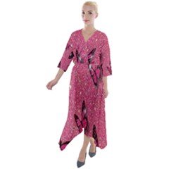 Butterfly, Girl, Pink, Wallpaper Quarter Sleeve Wrap Front Maxi Dress