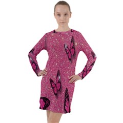 Butterfly, Girl, Pink, Wallpaper Long Sleeve Hoodie Dress