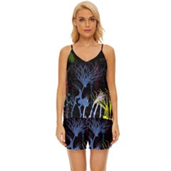 Art Design Graphic Neon Tree Artwork V-neck Satin Pajamas Set