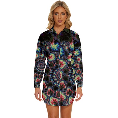 Psychedelic Colorful Abstract Trippy Fractal Womens Long Sleeve Shirt Dress by Bedest