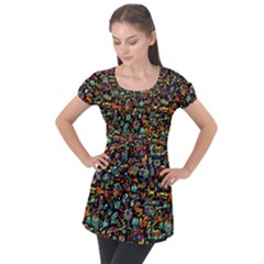 Multicolored Doodle Abstract Colorful Multi Colored Puff Sleeve Tunic Top