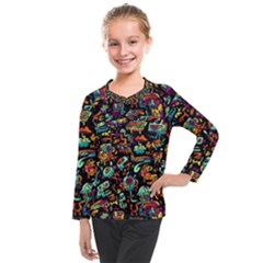 Multicolored Doodle Abstract Colorful Multi Colored Kids  Long Mesh T-shirt