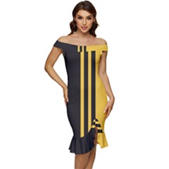 Abstract Design, Minimal, Abstract, Black, Desenho, Flat Off Shoulder Ruffle Split Hem Bodycon Dress