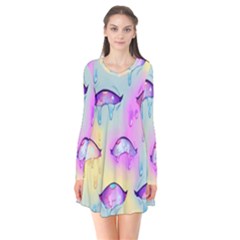 Ahegao, Anime, Pink Long Sleeve V-neck Flare Dress