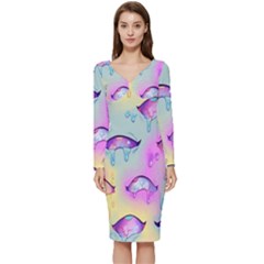 Ahegao, Anime, Pink Long Sleeve V-neck Bodycon Dress 