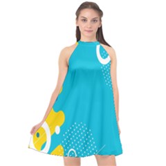 Blue Yellow Abstraction, Creative Backgroun Halter Neckline Chiffon Dress 
